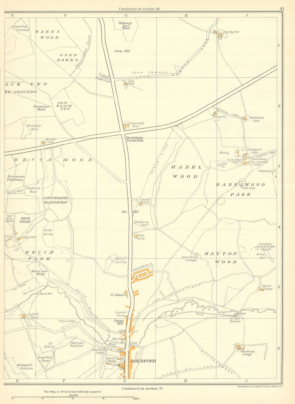 YORKSHIRE Aberford Rakes Wood Becca Moor Park Hayton Hazelwood Castle 1935 map